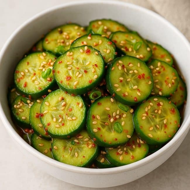 Frischer koreanischer Gurkensalat in einer Schüssel mit Sesam und Chili