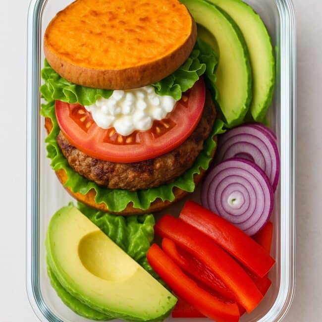 Burger mit Süßkartoffel-Buns in Meal-Prep-Box mit Gemüse