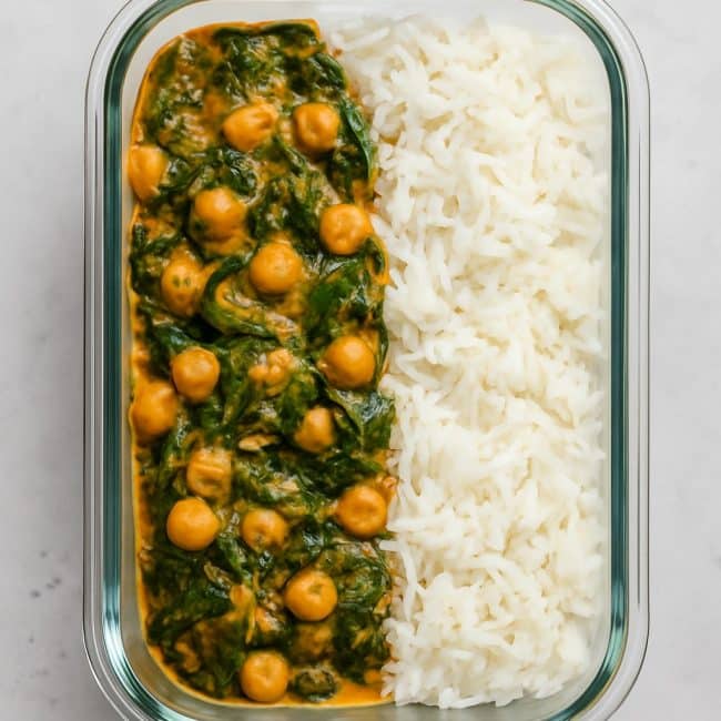 Chana Saag in Glasdose mit Reis – vegan & proteinreich