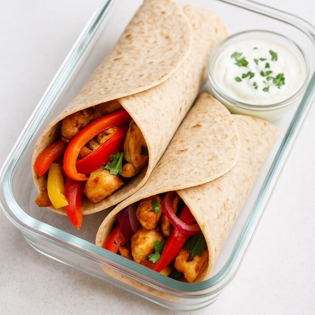 Fitness-Wraps mit Hähnchen in Glasdose mit Dip für unterwegs