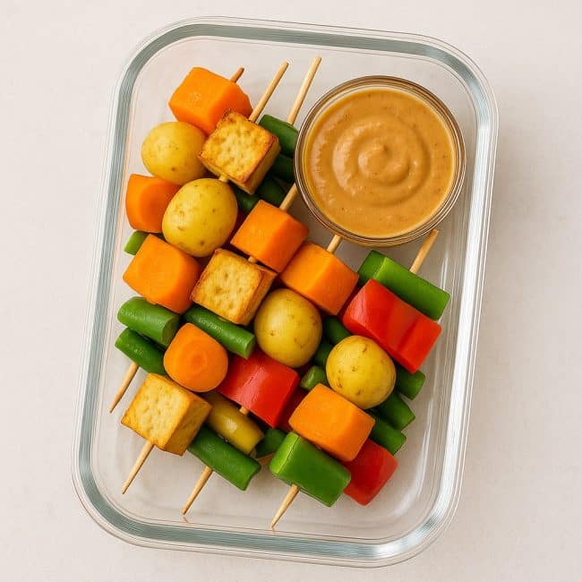 Gado-Gado Spieße und Erdnussdip in Glasdose als Meal Prep für unterwegs