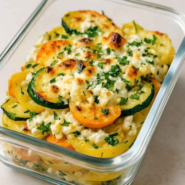 Portioniertes Gratin mit Kräutern in Glasdose – vorbereitet zum Mitnehmen