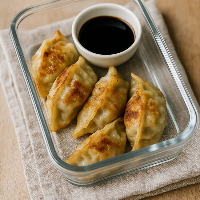 Glasdose mit Gyoza und Dip-Schälchen – gesundes Meal Prep für unterwegs