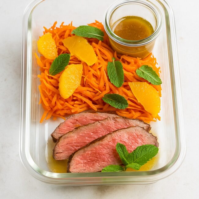 Glasdose mit Karottensalat und Dressing – vorbereitet zum Mitnehmen