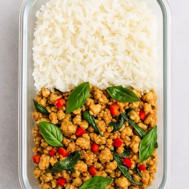 Cleanes Thai-Hähnchen mit Reis in Meal Prep Behälter