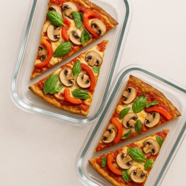 Stücke einer cleanen Proteinpizza in Meal Prep Boxen