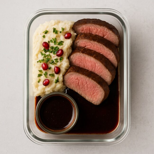 Rinderfilet mit Blumenkohlpüree & Sauce in Glasdose, vorbereitet für unterwegs