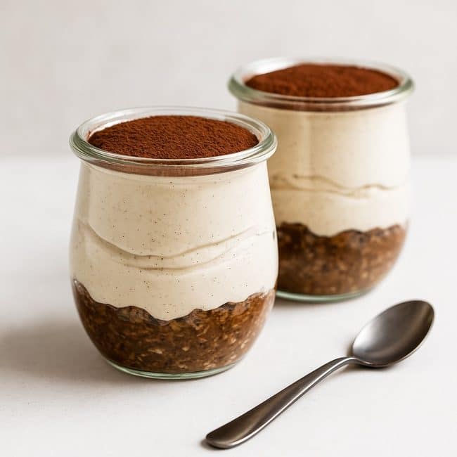 Zwei Gläser Fitness-Tiramisu mit Löffel – ideal für Meal Prep oder Gäste