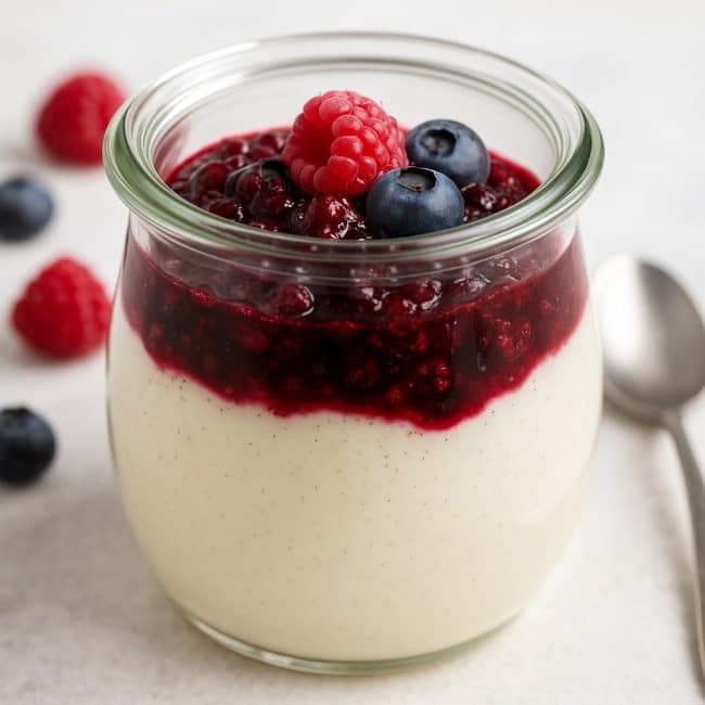 Panna Cotta im Glas mit Vanille und Beerenkompott, serviert ohne Zucker