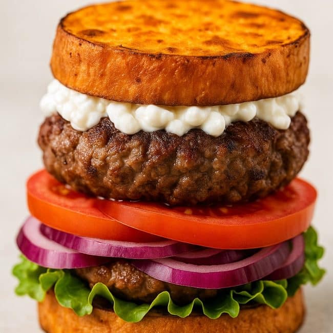 Fitness-Burger mit Süßkartoffel als Bun, Salat, Rindfleisch und Hüttenkäse