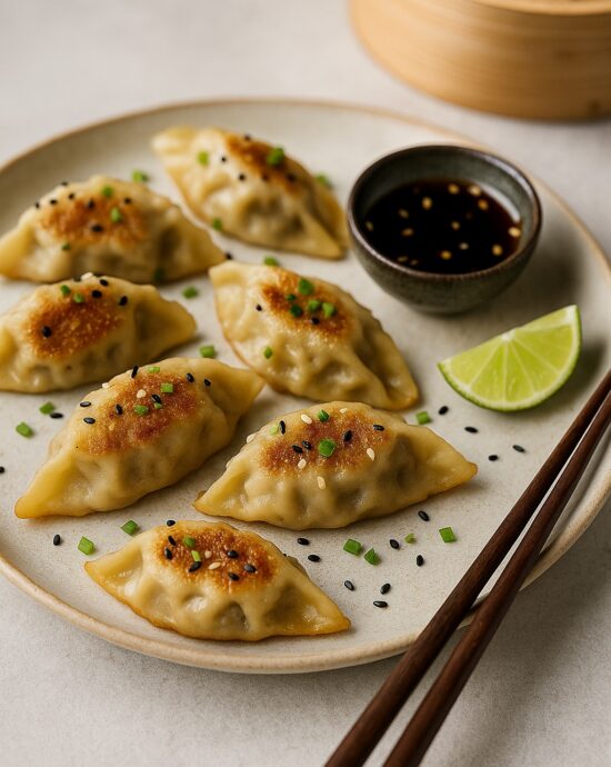 Frisch gebratene Gyoza mit Sojadip auf Keramikteller angerichtet, daneben Stäbchen und Limette