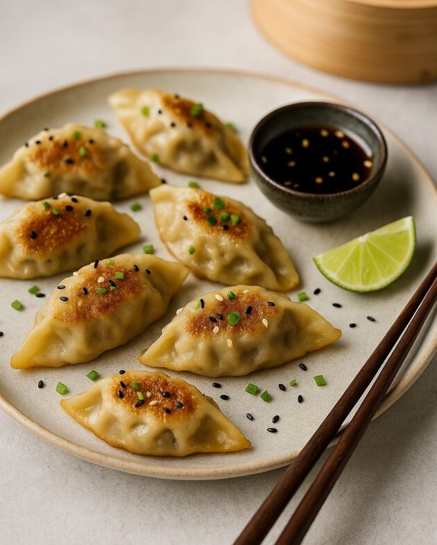 Frisch gebratene Gyoza mit Sojadip auf Keramikteller angerichtet, daneben Stäbchen und Limette