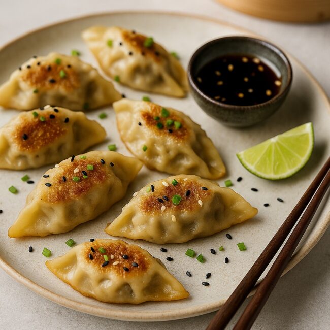 Frisch gebratene Gyoza mit Sojadip auf Keramikteller angerichtet, daneben Stäbchen und Limette