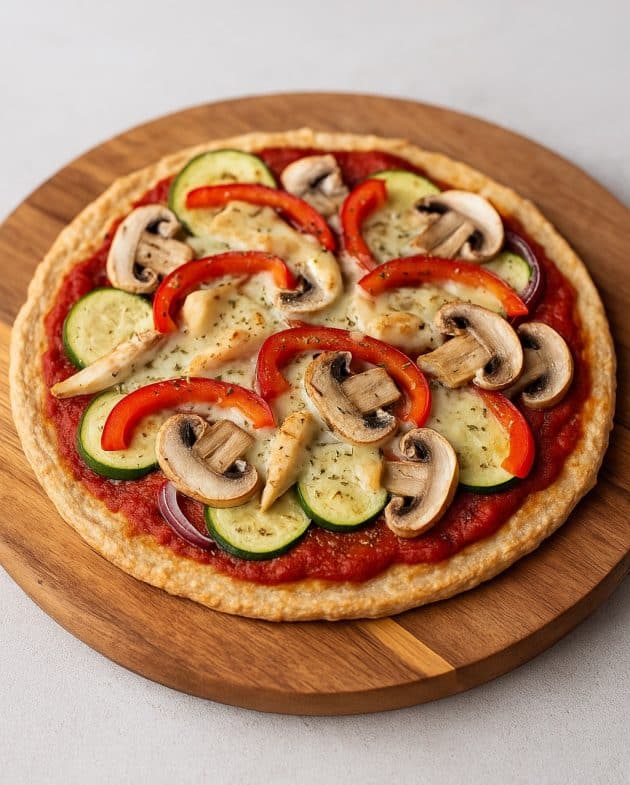 Gesunde Fitness-Pizza mit Quarkboden, Gemüse und Mozzarella auf Holzbrett