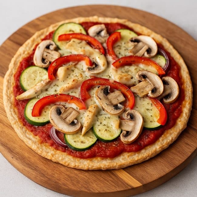 Gesunde Fitness-Pizza mit Quarkboden, Gemüse und Mozzarella auf Holzbrett