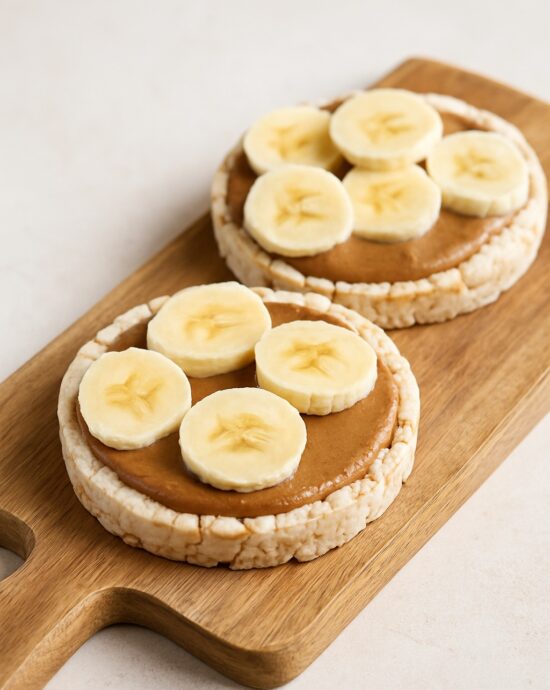 Zwei belegte Reiswaffeln mit Mandelmus und Bananenscheiben auf Holzbrett