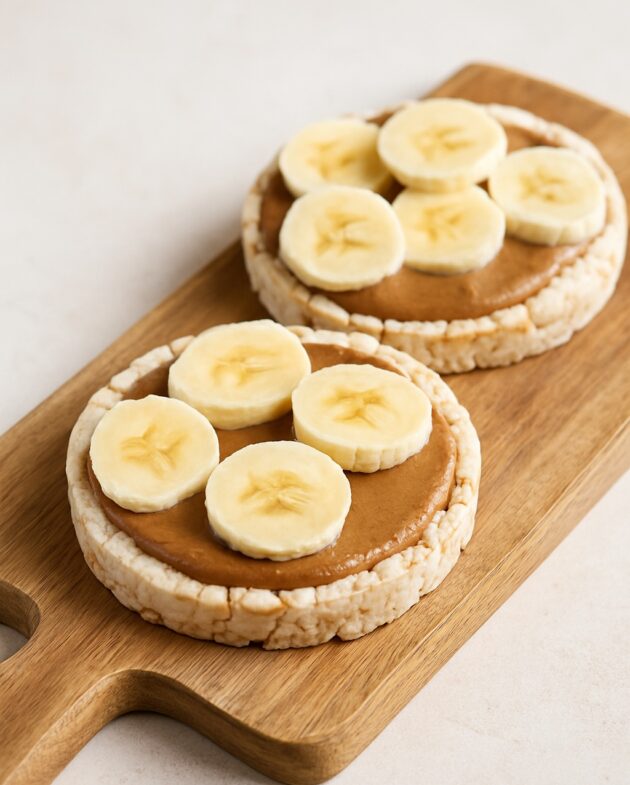 Zwei belegte Reiswaffeln mit Mandelmus und Bananenscheiben auf Holzbrett