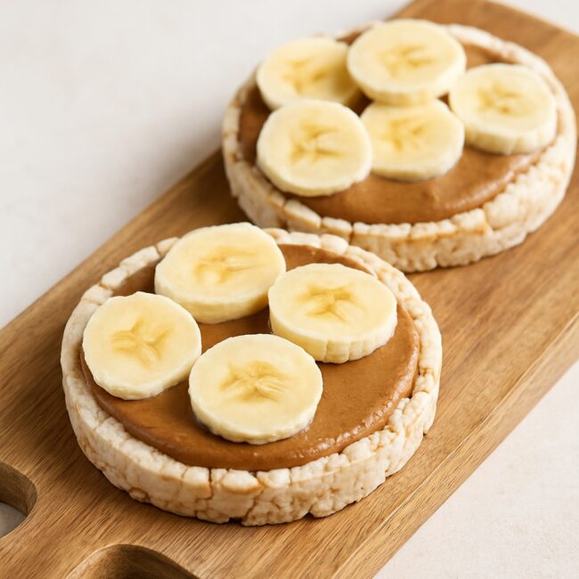 Zwei belegte Reiswaffeln mit Mandelmus und Bananenscheiben auf Holzbrett