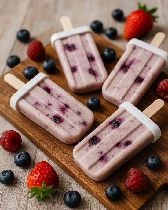 Cremiges Skyr-Eis am Stiel mit Beerenstückchen liegt auf einem Holzbrett, umgeben von frischen Erdbeeren, Himbeeren und Blaubeeren in sommerlicher Atmosphäre.