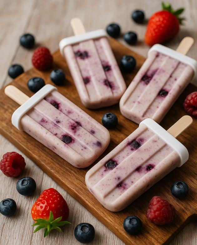 Cremiges Skyr-Eis am Stiel mit Beerenstückchen liegt auf einem Holzbrett, umgeben von frischen Erdbeeren, Himbeeren und Blaubeeren in sommerlicher Atmosphäre.