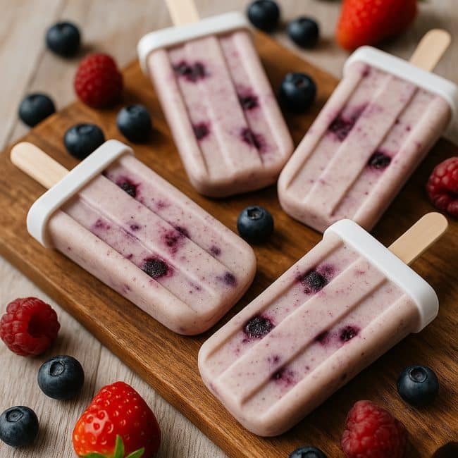 Cremiges Skyr-Eis am Stiel mit Beerenstückchen liegt auf einem Holzbrett, umgeben von frischen Erdbeeren, Himbeeren und Blaubeeren in sommerlicher Atmosphäre.