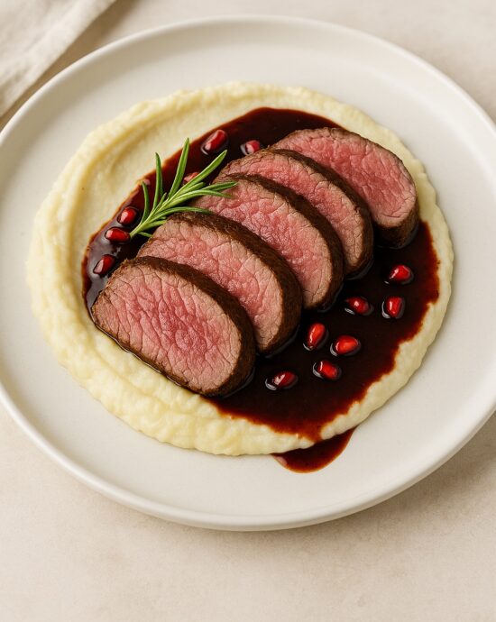 Geschnittenes Rinderfilet auf Blumenkohlpüree mit dunkler Sauce auf weißem Teller