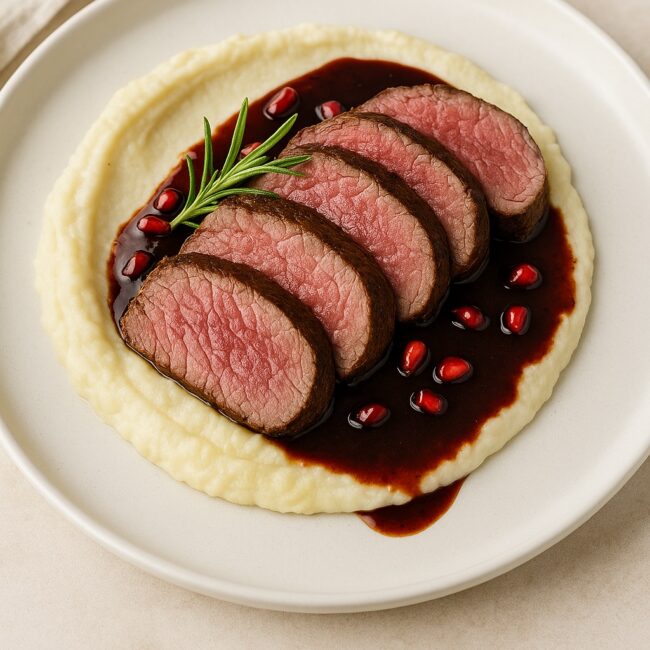 Geschnittenes Rinderfilet auf Blumenkohlpüree mit dunkler Sauce auf weißem Teller