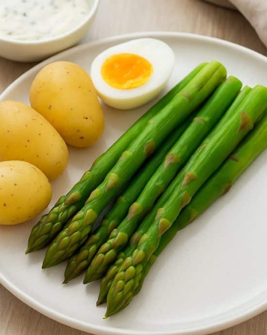 Grüner Spargel, Kartoffeln und ein halbiertes Ei auf einem hellen Teller, daneben cremiger Joghurt-Senf-Dip – serviert in natürlichem Licht auf hellem Holztisch.