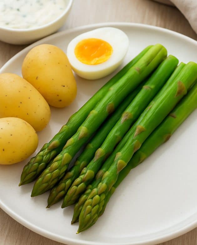 Grüner Spargel, Kartoffeln und ein halbiertes Ei auf einem hellen Teller, daneben cremiger Joghurt-Senf-Dip – serviert in natürlichem Licht auf hellem Holztisch.