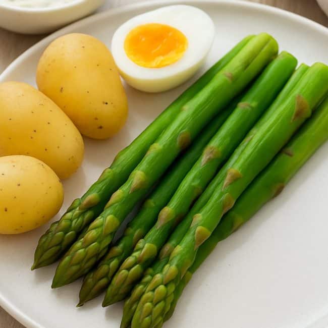 Grüner Spargel, Kartoffeln und ein halbiertes Ei auf einem hellen Teller, daneben cremiger Joghurt-Senf-Dip – serviert in natürlichem Licht auf hellem Holztisch.