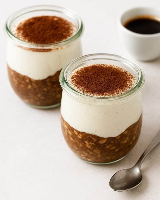 Tiramisu im Glas mit Skyr-Creme, Kakao & Espresso auf hellem Untergrund