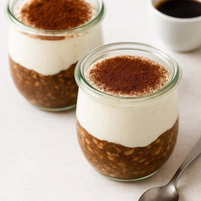 Tiramisu im Glas mit Skyr-Creme, Kakao & Espresso auf hellem Untergrund