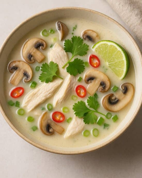Thailändische Kokossuppe mit Hähnchen, Champignons, Chili & Limette