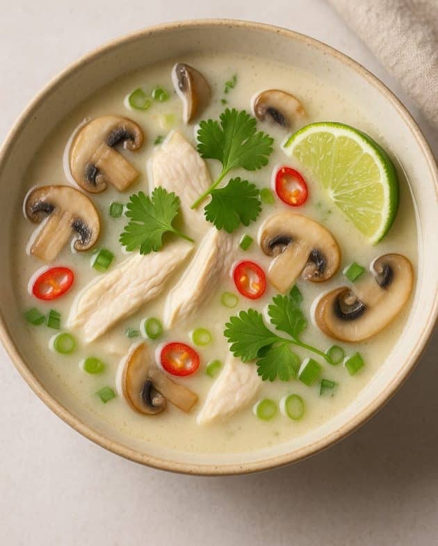 Thailändische Kokossuppe mit Hähnchen, Champignons, Chili & Limette
