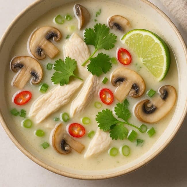 Thailändische Kokossuppe mit Hähnchen, Champignons, Chili & Limette