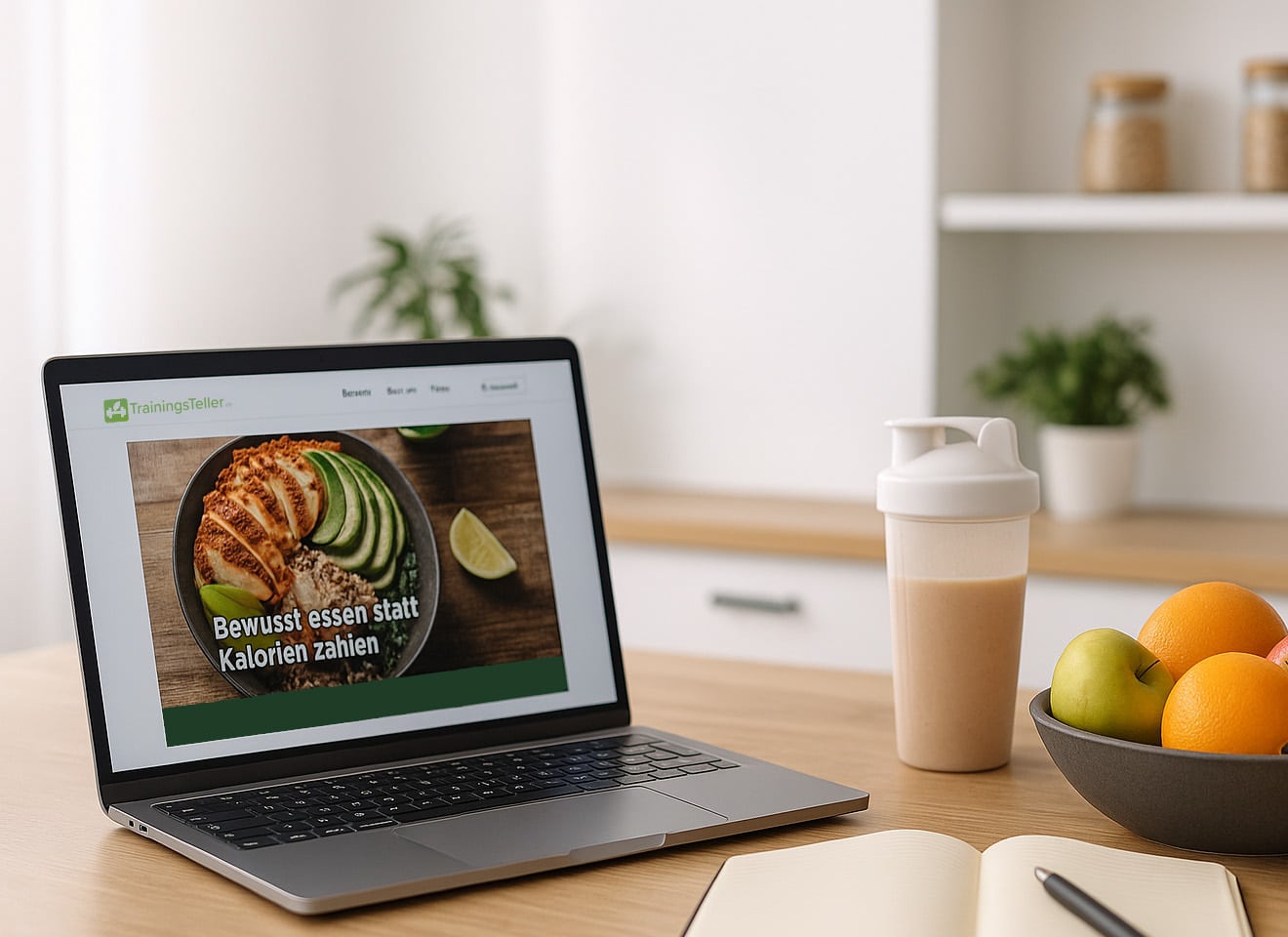 Moderner Küchentisch mit Laptop, Obstschale und Proteinshake – Symbol für gesunde Ernährung und aktives Arbeiten bei TrainingsTeller.de