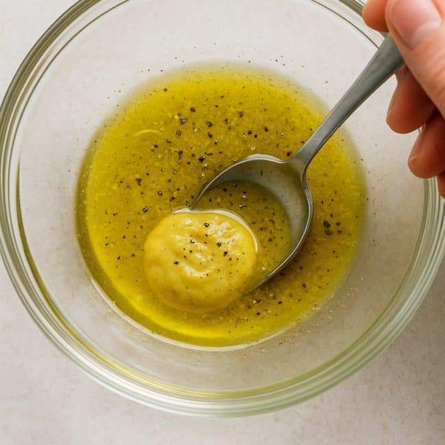 Zubereitung einer Senf-Vinaigrette mit Olivenöl und Weißweinessig