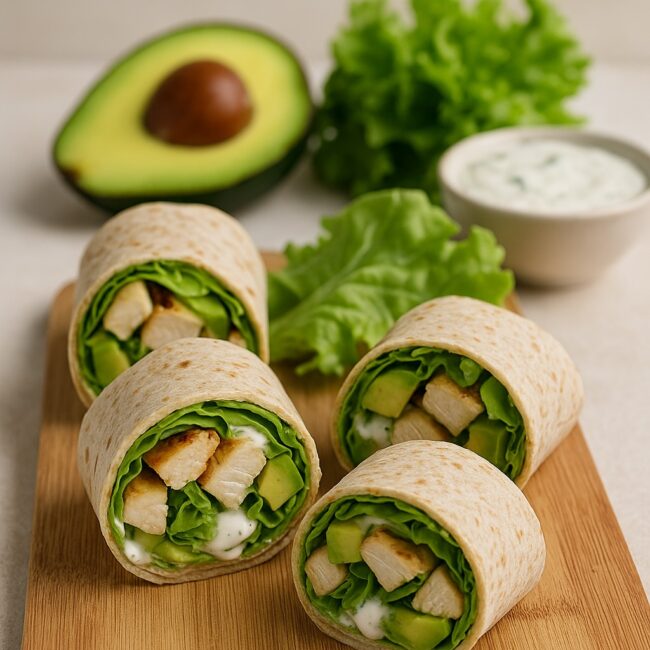 Geschnittene Wraps mit Hähnchen, Avocado und Salat auf Holzbrett