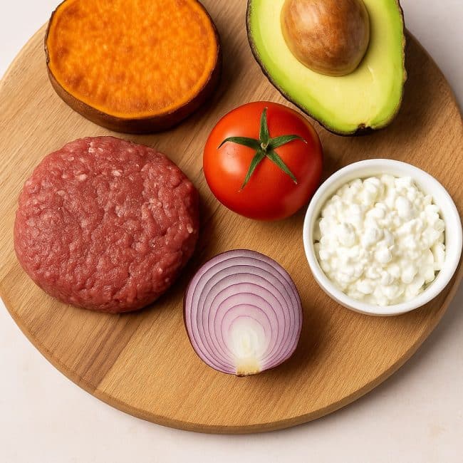 Süßkartoffel, Hackfleisch, Tomate, Avocado, Zwiebel und Hüttenkäse auf Brett