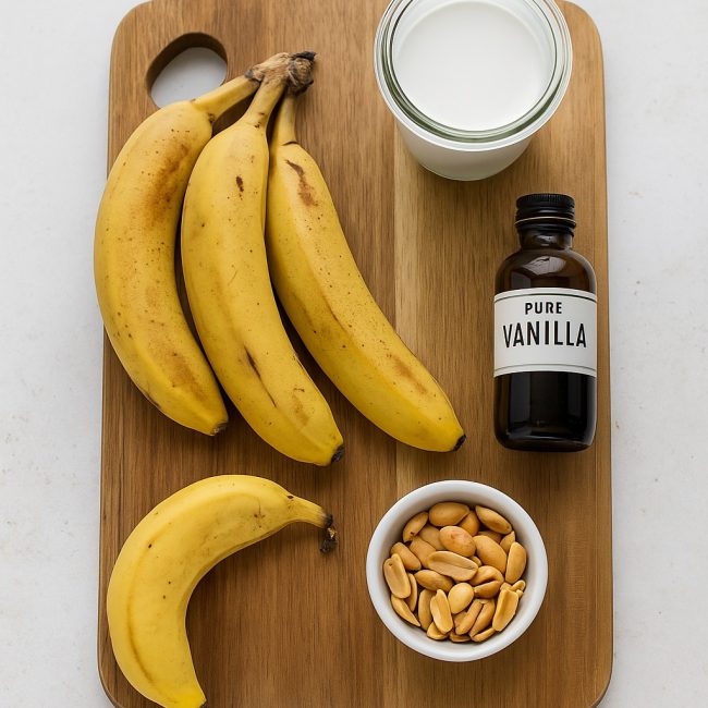 Bananen, Kokosmilch, Vanille und Erdnüsse auf Holzbrett