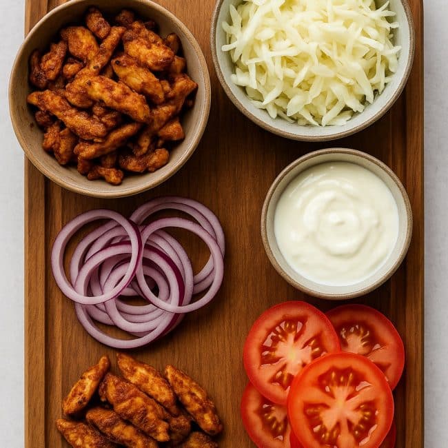Gewürztes Hähnchen, Weißkohl, Tomaten, Zwiebeln und Joghurt auf Holzplatte