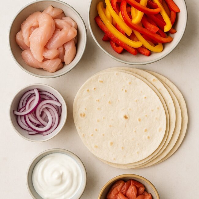 Hähnchen, Paprika, Zwiebel, Wraps und Joghurt in Schalen auf heller Fläche