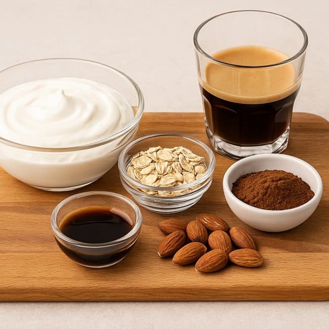 Skyr, Espresso, Haferflocken, Kakao & Mandeln auf Holzbrett