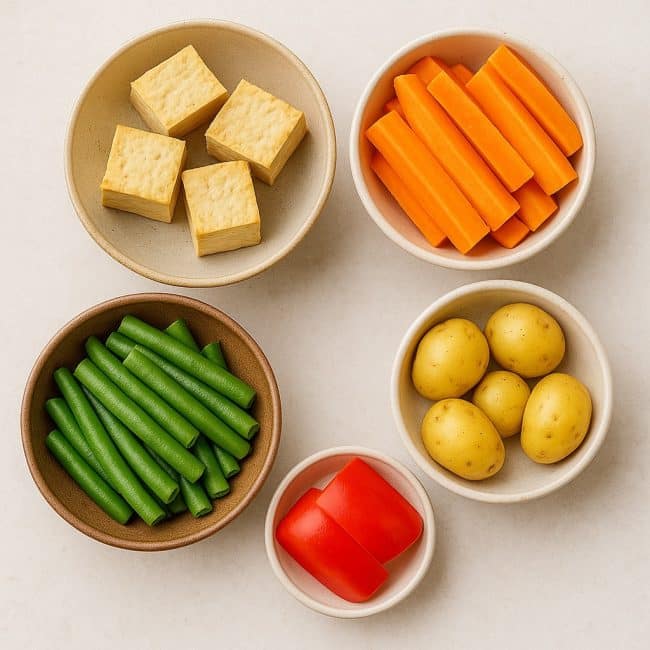 Tofu, Karotten, Bohnen, Kartoffeln und Paprika in Schälchen – vorbereitet für indonesische Vorspeise