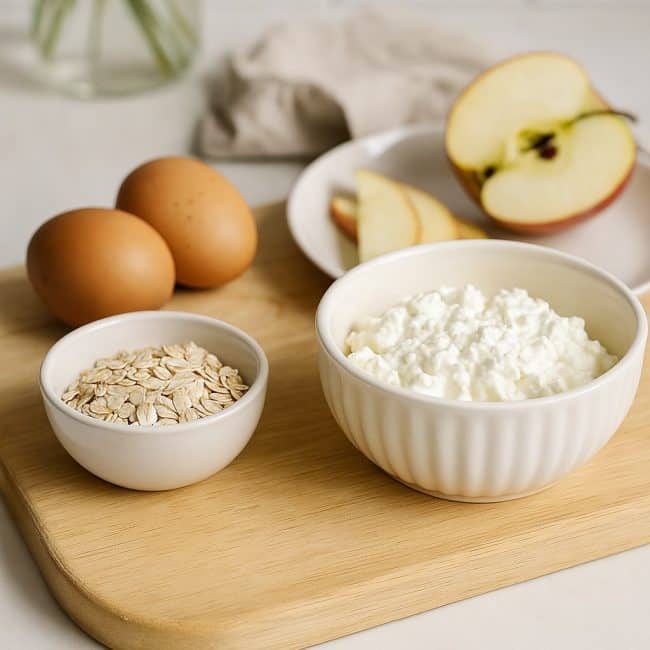 Zutaten für proteinreiche Hüttenkäse-Pannenkoeken: Haferflocken, Eier, Hüttenkäse und Apfel auf einem Holzbrett in heller Küche.