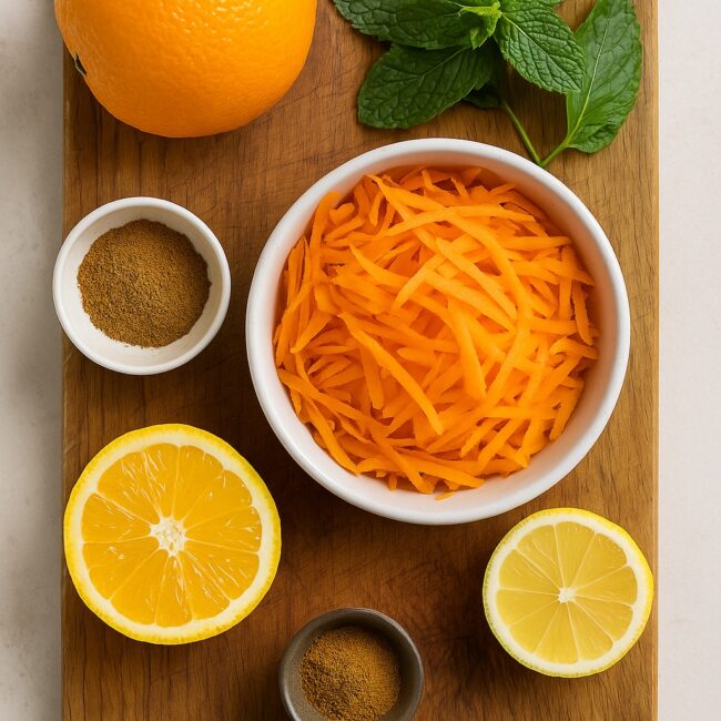 Geraspelte Karotten, Orange, Kreuzkümmel, Zitrone und Minze auf Küchenbrett