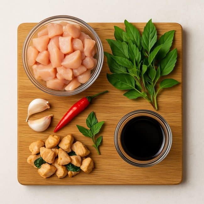 Hähnchen, Basilikum, Chili, Knoblauch, Sojasauce auf Holzbrett