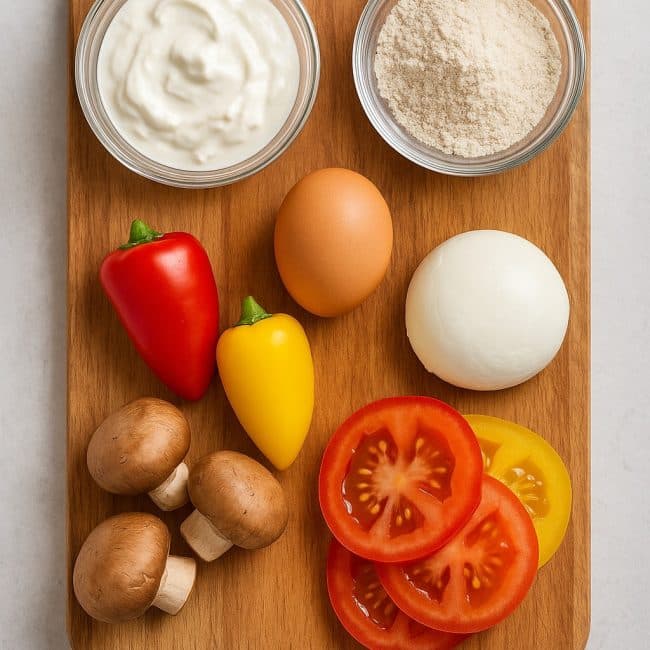 Quark, Hafermehl, Ei, Paprika, Pilze und Mozzarella auf Küchenbrett