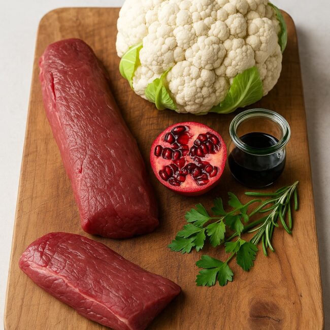 Rinderfilet, Blumenkohl, Granatapfel, Balsamico & Kräuter auf Holzbrett