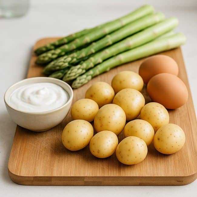 Frische Zutaten für ein niederländisches Spargelgericht: grüner Spargel, kleine Kartoffeln, Eier und Joghurt auf einem Holzbrett in heller Küche.